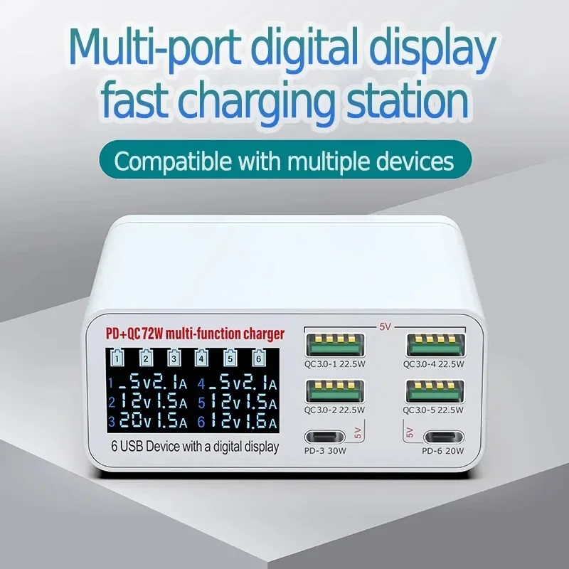 Digital LCD display intelligent charge Station 6 Ports USB Smart Fast Charger Charging QC 3.0 PD 30W For Tablet PC Mobile Phone