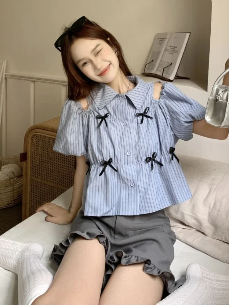 Multi-bow Kawaii Shirts Women Japan Style Summer Cute Blue Striped Ins Puff Sleeve Aesthetic Blusas Chic Y2k Schoolgirl Lovely