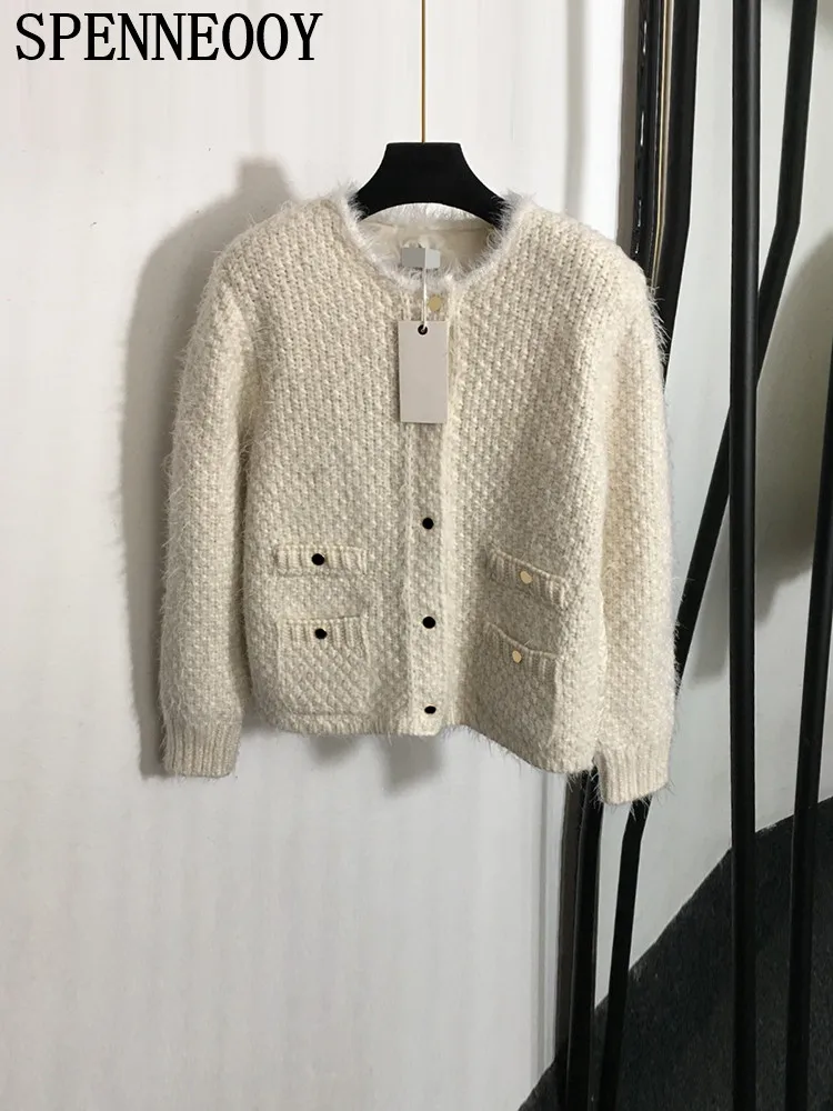 SPENNEOOY Fashion Runway Autumn White Casual Knitting Cardigan Women's O-Neck Long Sleeve Button Multi Pocket Sweaters