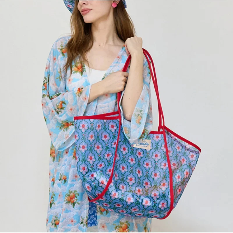 Large Capacity Mommy Beach Bag Color-Block Shoulder Bag Hollow Mesh Shopping Bag Travel Beach Toy Makeup Swimming Storage Bag