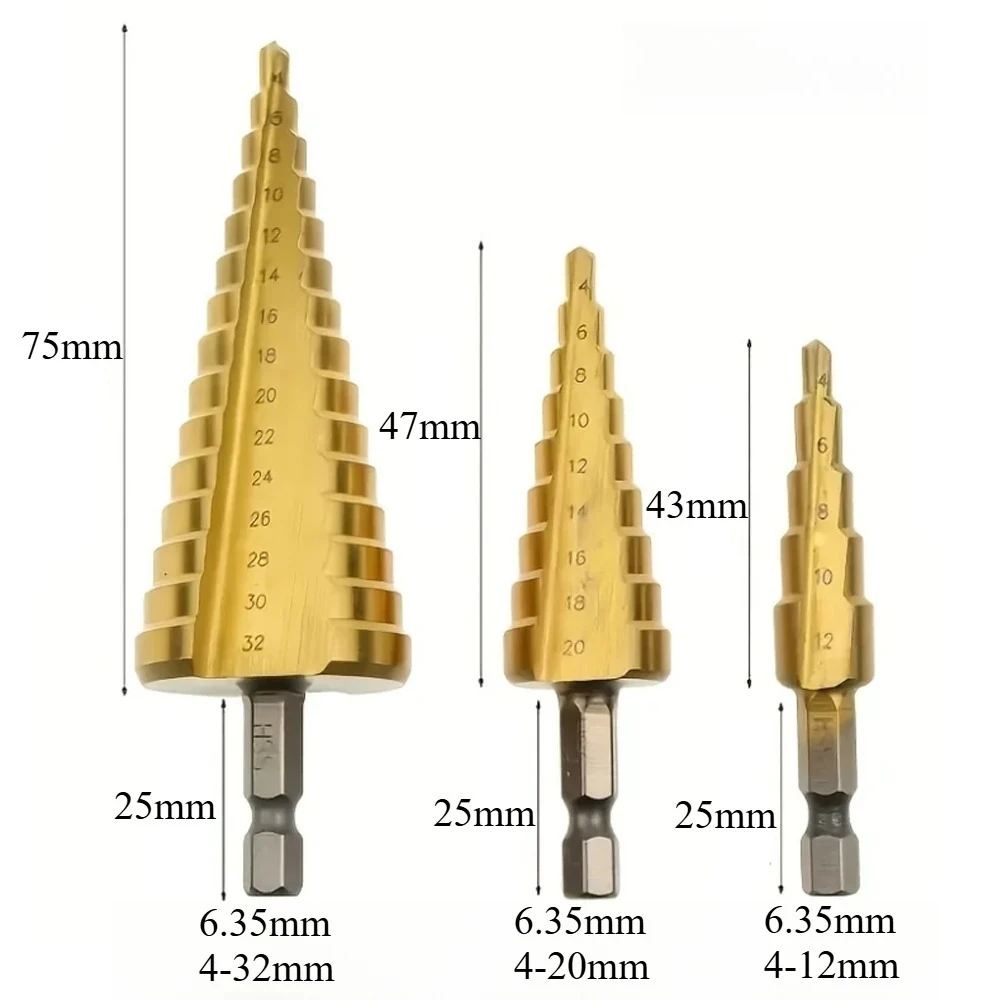

3PC Titanium Plated Step Drill 3-12/4-12/4-20/4-32mm Hexagonal Handle Straight Groove Pagoda Drill Hole Drill Tool Bag Set