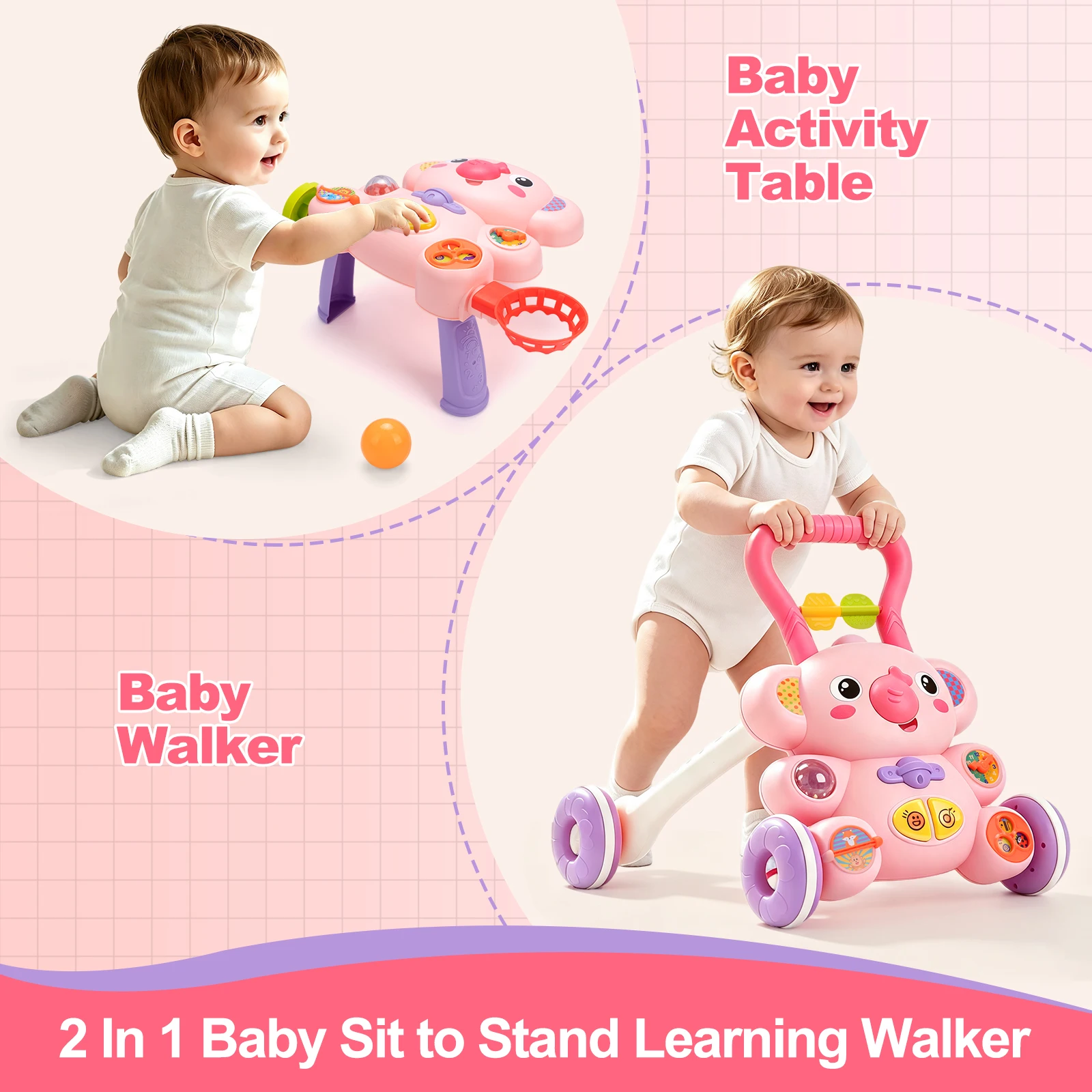 Baby Cartoon Push Walker&Activity Table 2in1 Toy with Music Multifunction Activity Learning Walk Toddler Walker for 12M+ Infants
