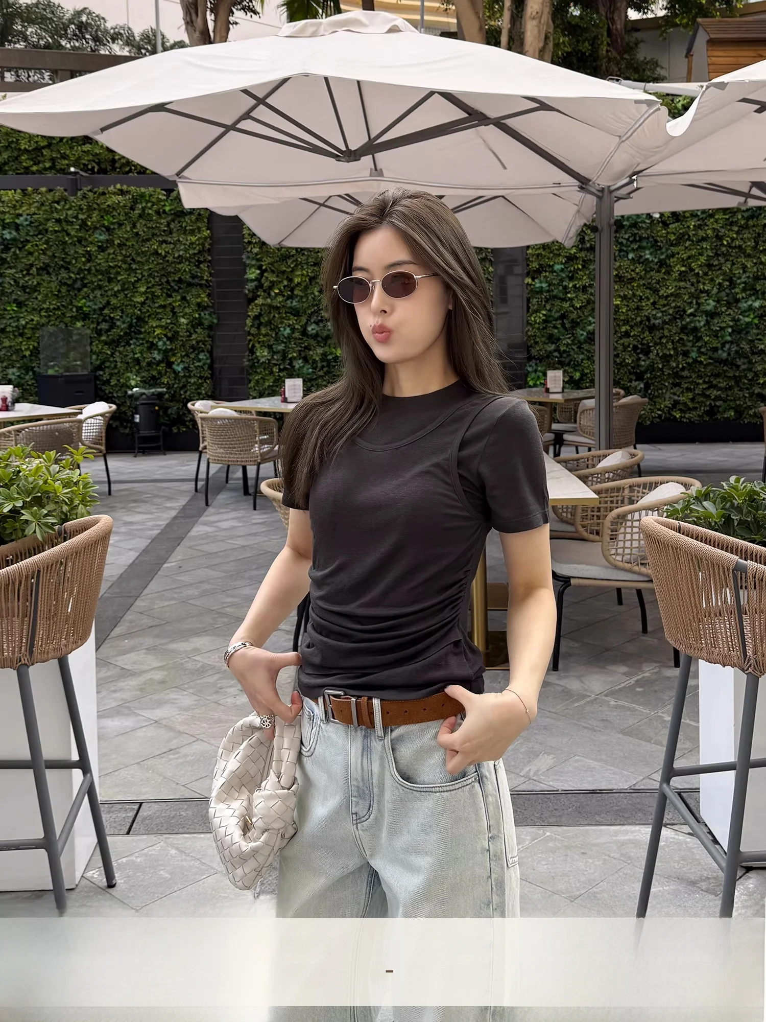 

Женская футболка Yang Xiaoyao из шерстяной смеси с коротким рукавом, повседневная, вязаная, дышащая, однотонная, многослойный дизайн, комфортная посадка