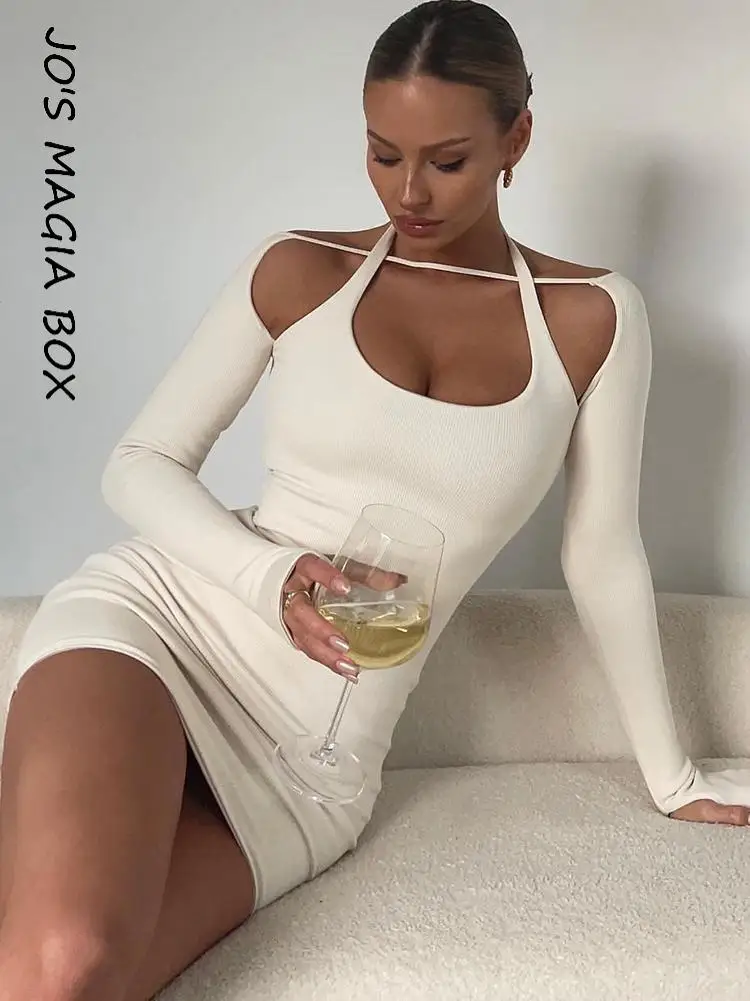 

Jo's Magia Box Y2K Cut Out Sexy Long Sleeve Women's Mini Dress 2022 Summer Bodycon Halter Slim Casual Party Club Woman Dresses