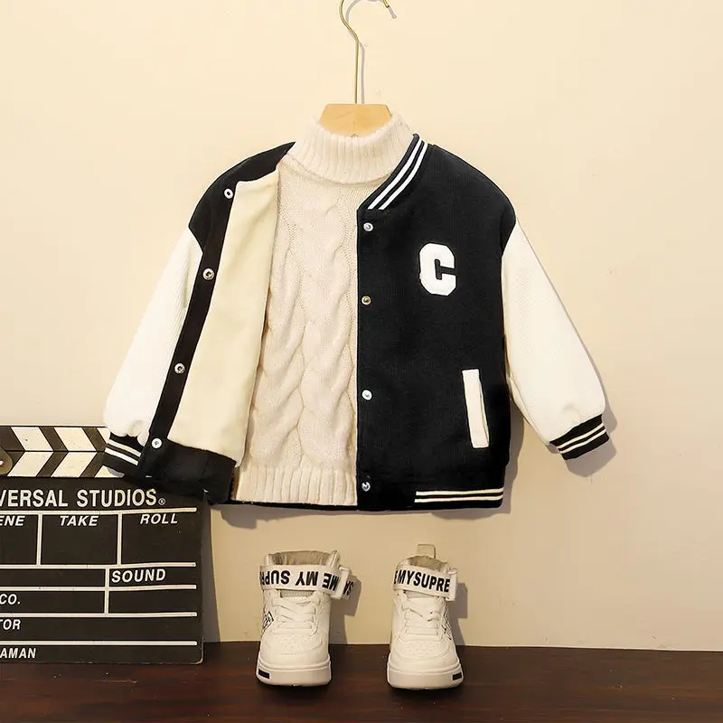 

2022 Autumn New Children's Fashion Baseball Uniform Waffle Splicing Coat Short Velvet All-Matching Children