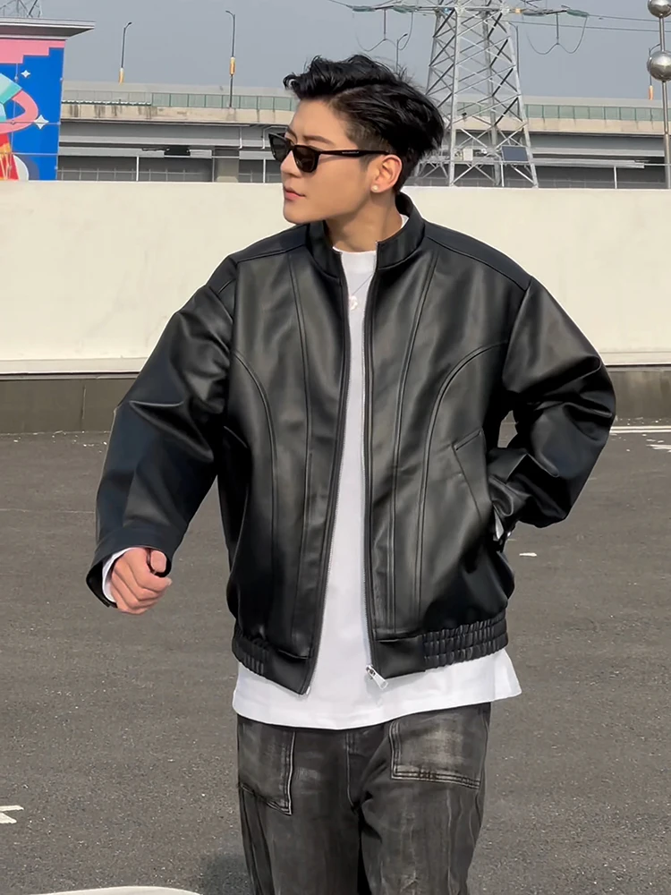 

Bla Deconstructed PU Leather Jaet Men's Spring Autumn Cleanfit Harlington Motorcycle Workwear Baseball Sle Coat