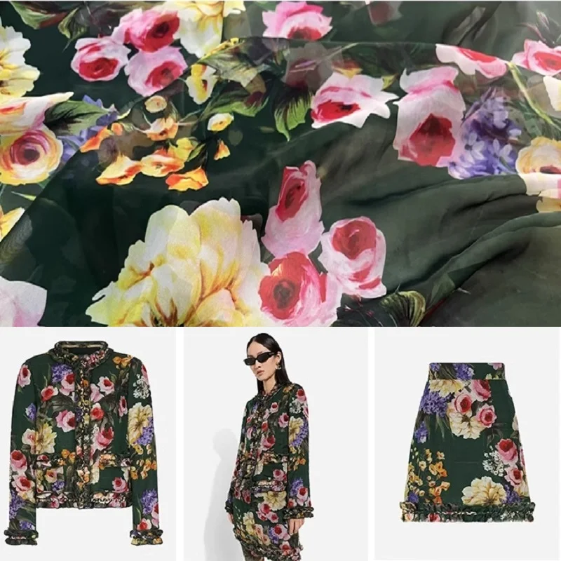 Black Background Color Rose Digital Printing Pattern Chiffon Simulation Silk Satin Material Fabric Clothing Dress DIY Fabrics