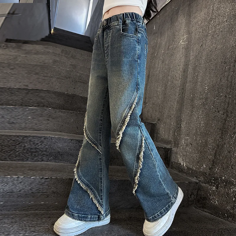 Baby Girl Pants 2024 Fall New Women Cool Jeans Big Children Fashion Skinny Denim Flare Durable Comfort Casual Pant