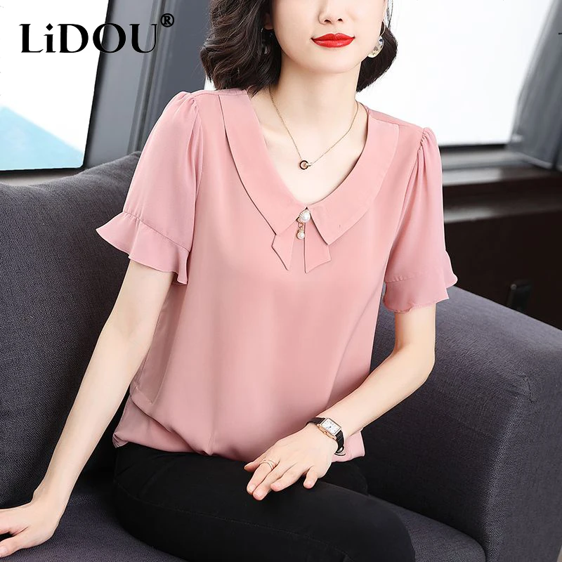 Summer Loose Casual Ruffles Chiffon Blouse Women Short Sleeve Elegant Fashion Solid Collar Top Female Oversized All-match Shirt