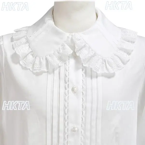 เสื้อเชิ้ตสีขาวลูกไม้หวานสไตล์คาวาอี้ อเนกประสงค์ สำหรับฤดูใบไม้ร่วงและฤดูหนาว น่ารัก ผ้าฝ้าย จีบ แขนยาว คอตุ๊กตา สไตล์โลลิต้า เสื้อตัวในสำหรับผู้หญิง