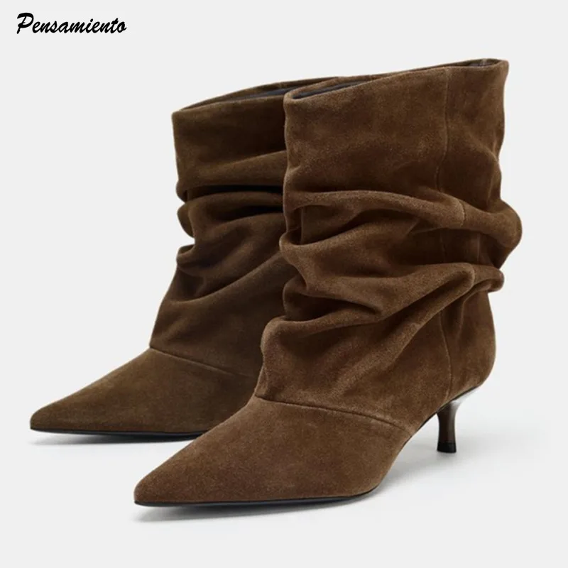 

Ins style Fashion Pleated Designer Faux Suede Women Ankle Boots Autumn Winter Loose Slip-on High Heels Chelsea Booties Shoes
