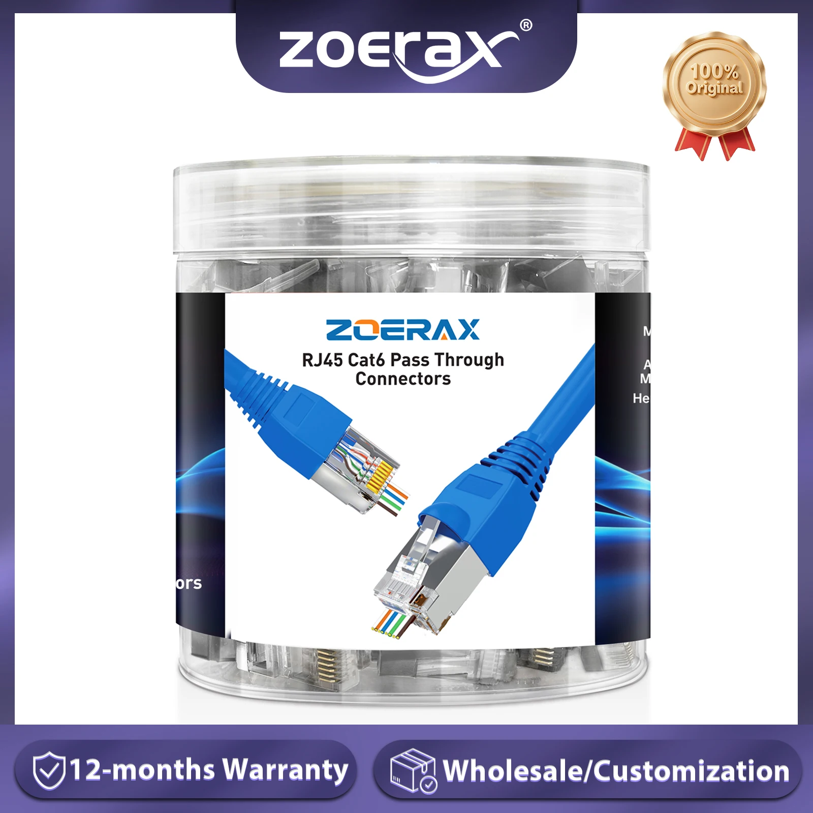 ZoeRax 100PCS RJ45 Cat6/5E Pass Through Connector 1.2mm Hole Modular Plug for Solid or Stranded Cable with Strain Relief Boots