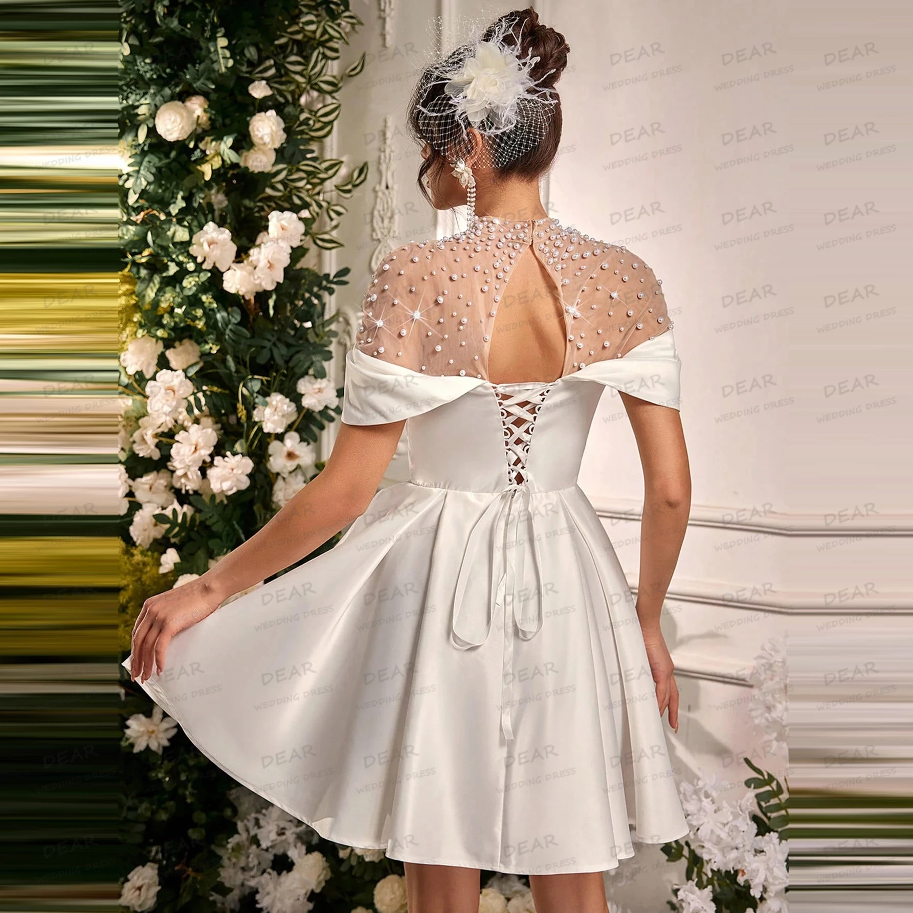 Simples vestidos de casamento curtos uma linha sexy feminino miçangas fora do ombro sem mangas vestidos de noiva festa novia personalizado