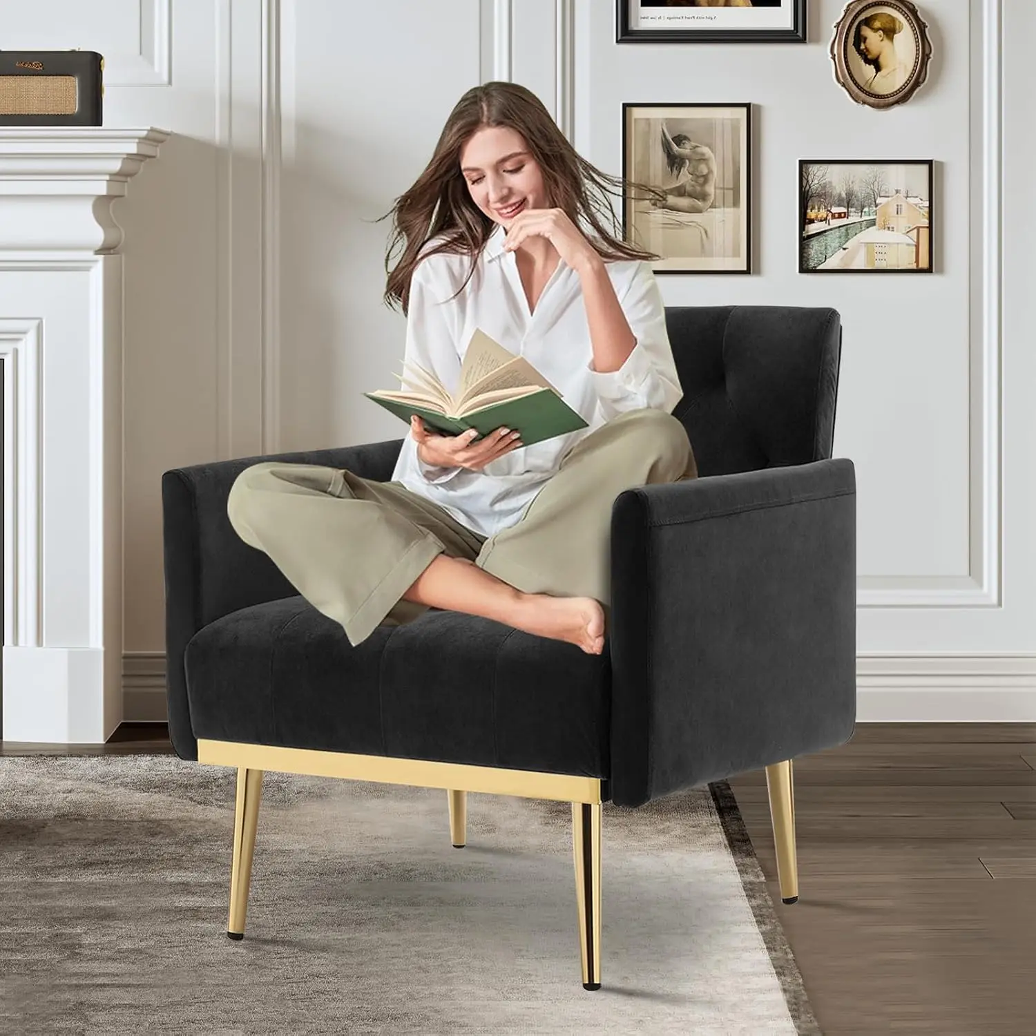 Black Velvet Accent Chair Set 2, Button Tufted Armchair with Gold Legs for Living Room Bedroom Office, Customized