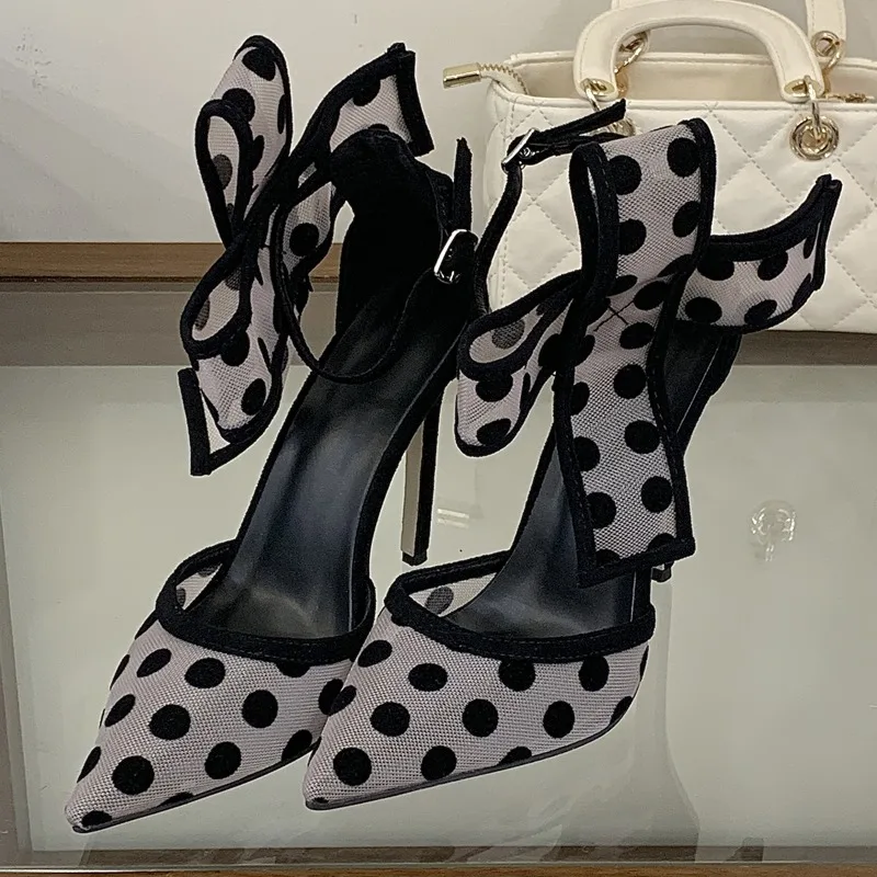 

Aneikeh Elegant Flower Decorative Women's Pointed Hollow Polka Dot Mesh High Heels Gladiator Sandals Lady Party Pumps Shoes