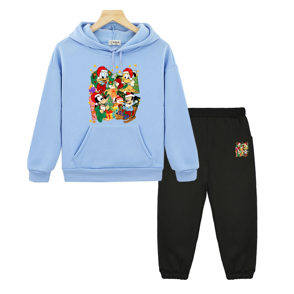 

Merry Christmas print hoodie Fleece Sweatshirt boy girl Hooded Sport Sets Mickey Donald Duck pullover+Pant kids boutique clothes