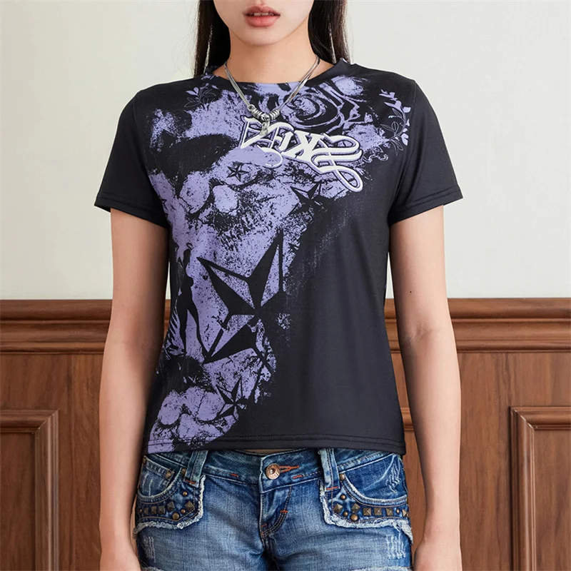 Punk Retro Star Print T-shirt 2000s Sexy Y2k Harajuku Crop Top Short Sleeve Slim Baby Tee Summer Women Gothic Clothes Streetwear