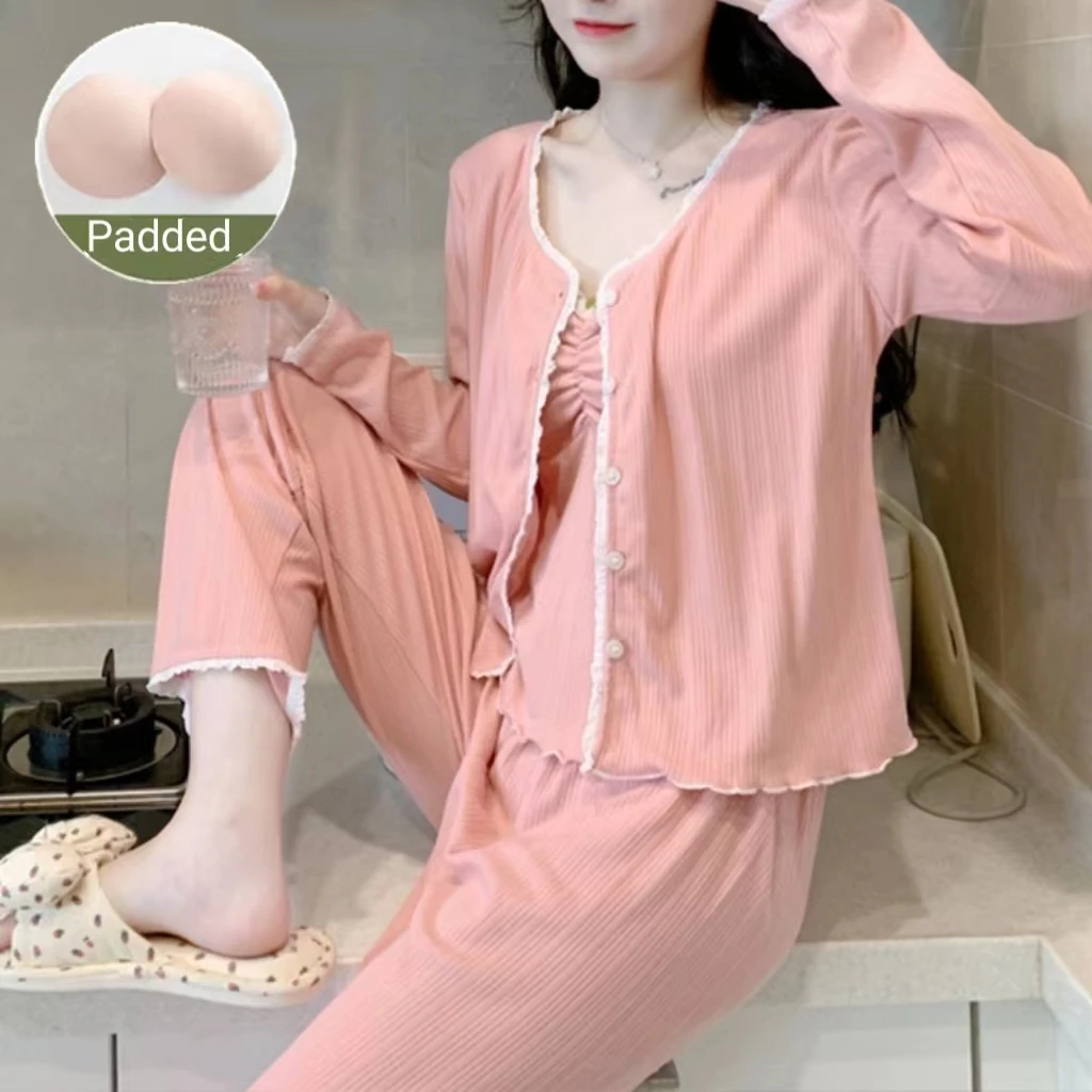 Pajamas Female Long-Sleeved Spring And Autumn Suspenders Trousers Three-Piece Set With Cushion Sweet Pajamas Homewear Suit