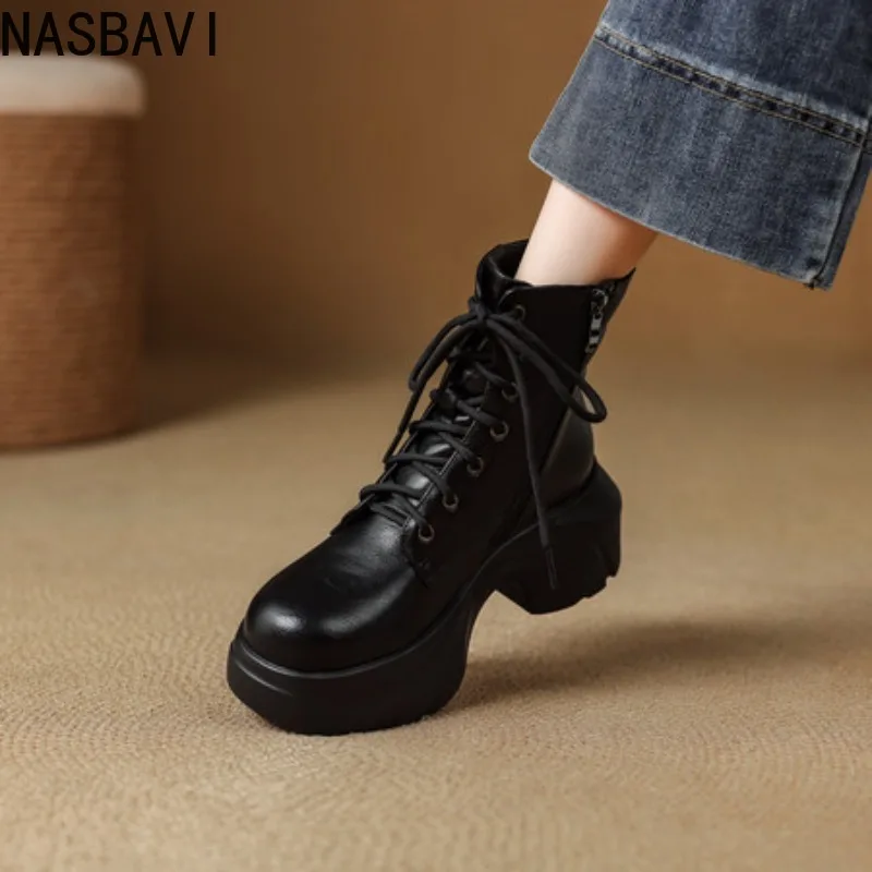 

Autumn Chunky Ankle Boots 2026 New Women's Thick Bottom Winter Leather Platform Short Boots Woman 7CM Heels Motorcycle Shoes