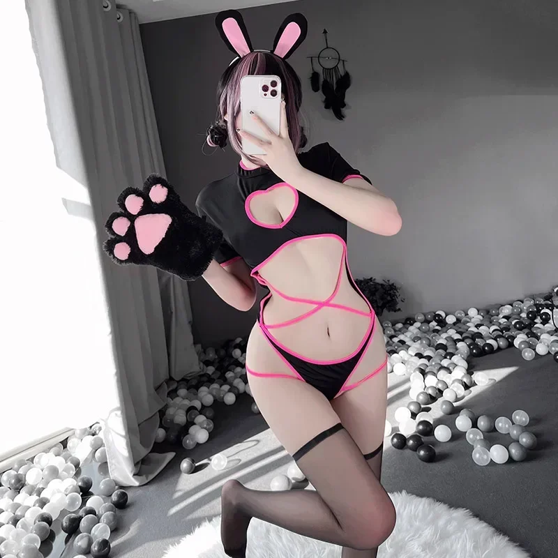 Bunny Cosplay Costumes Women Sexy Rabbit Bodysuit Heart-Shaped Hollow Out Black Pink Tempatation Lingerie Skinny Body Suit