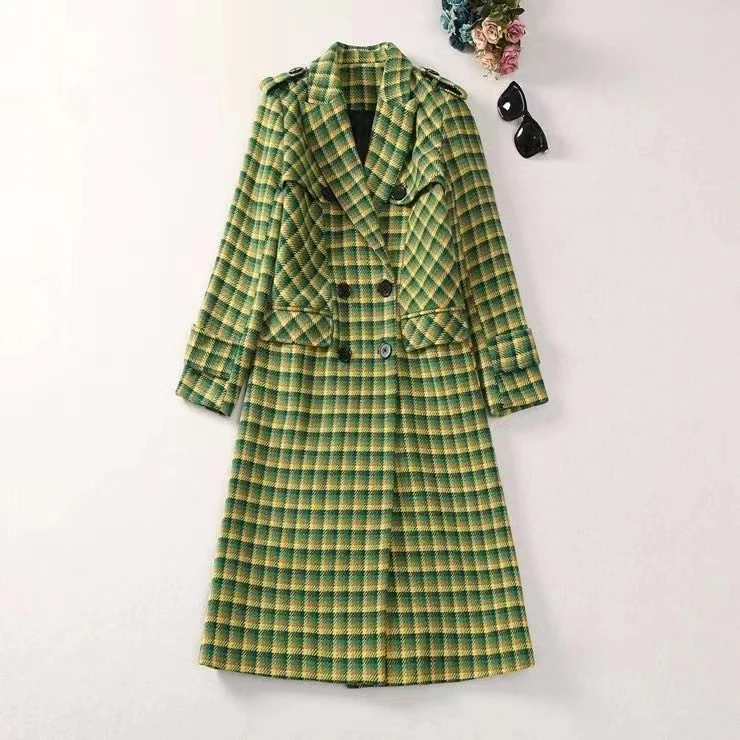 

European and American women's dress 2023 winter new Long-sleeved suit collar double-breasted green plaid fashion Wool coat XXL