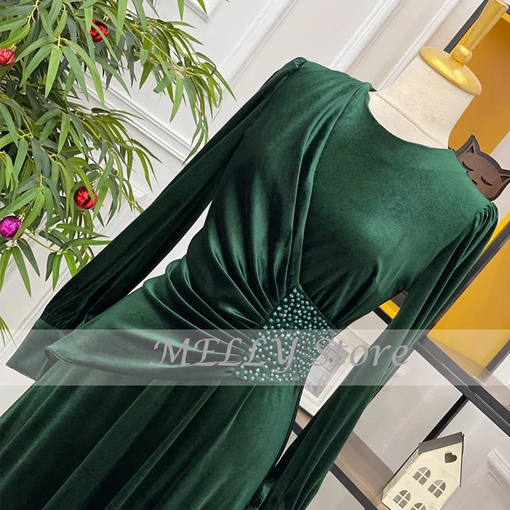 Classic Velvet Evening Dresses 2023 Women O-Neck Full Sleeves Prom Gowns With Beading Floor Length A-Line فساتين مناسبة رسمية