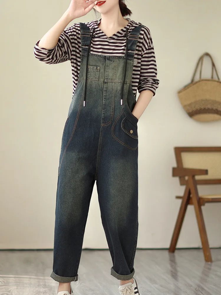 # 1469 ตรงDenim Overallsผู้หญิงหลวมVINTAGE Gradient Blue DENIM Jumpsuits Rompersหญิงฤดูใบไม้ผลิฤดูใบไม้ร่วง