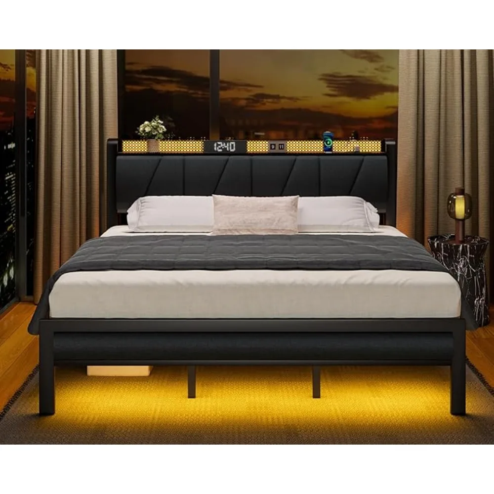 King Bed Frame with Headboard and LED Light, Upholstered Platform with Power Outlet and USB Port, King Size Bed image 2