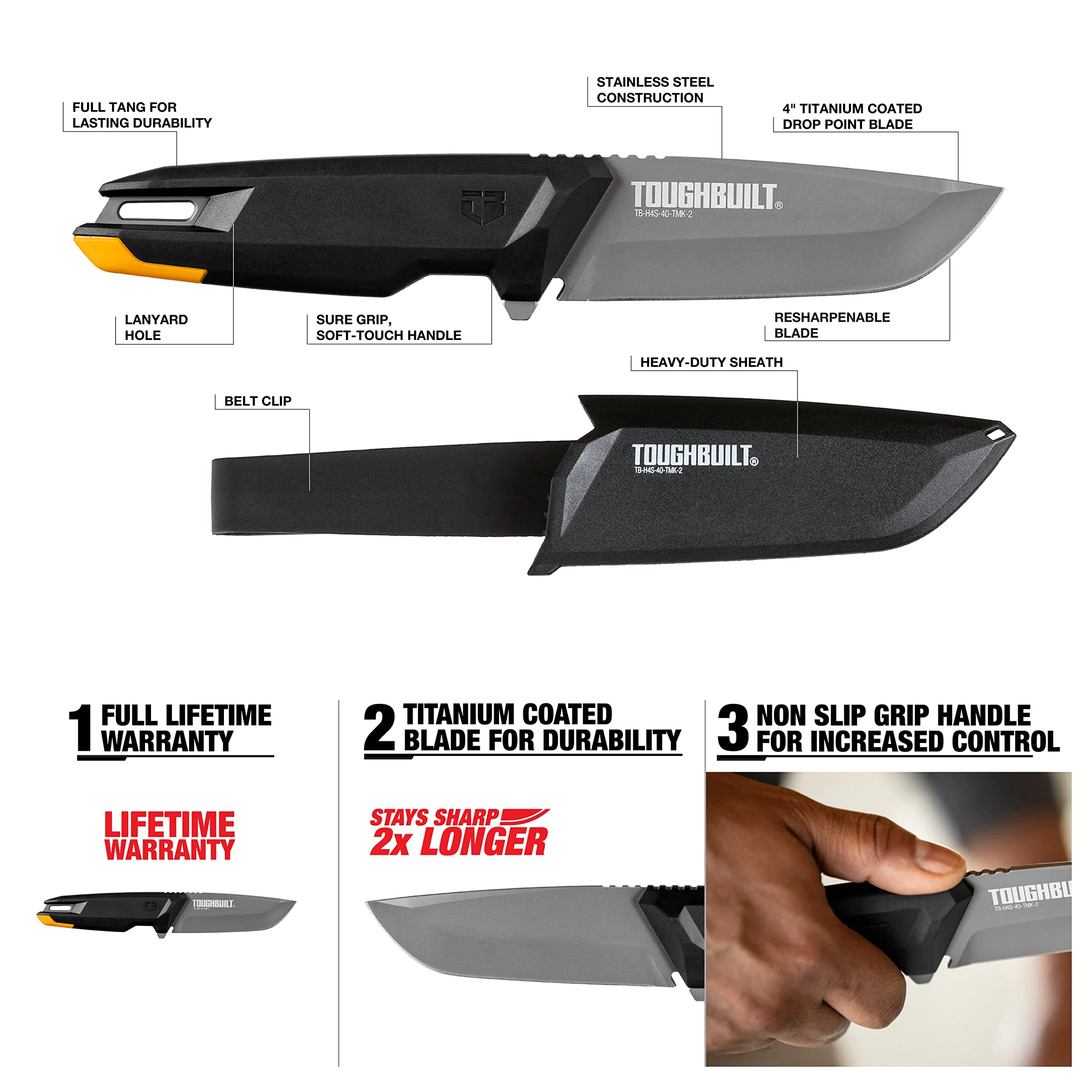 TOUGHBUILT TB-H4S-40-TMK-2 4-Inch Titanium-Coated Stainless Steel Utility Knife Durable Portable with Sheath