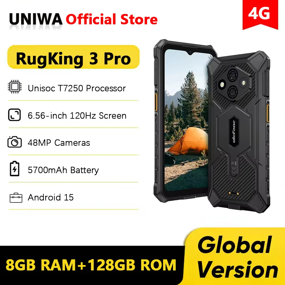 Ulefone RugKing 3 Pro Rugged Smartphone Android 15 6.56 Inch 120Hz 8GR AM+128GB ROM Mobile Phone NFC 5700mAh Cellphone Global