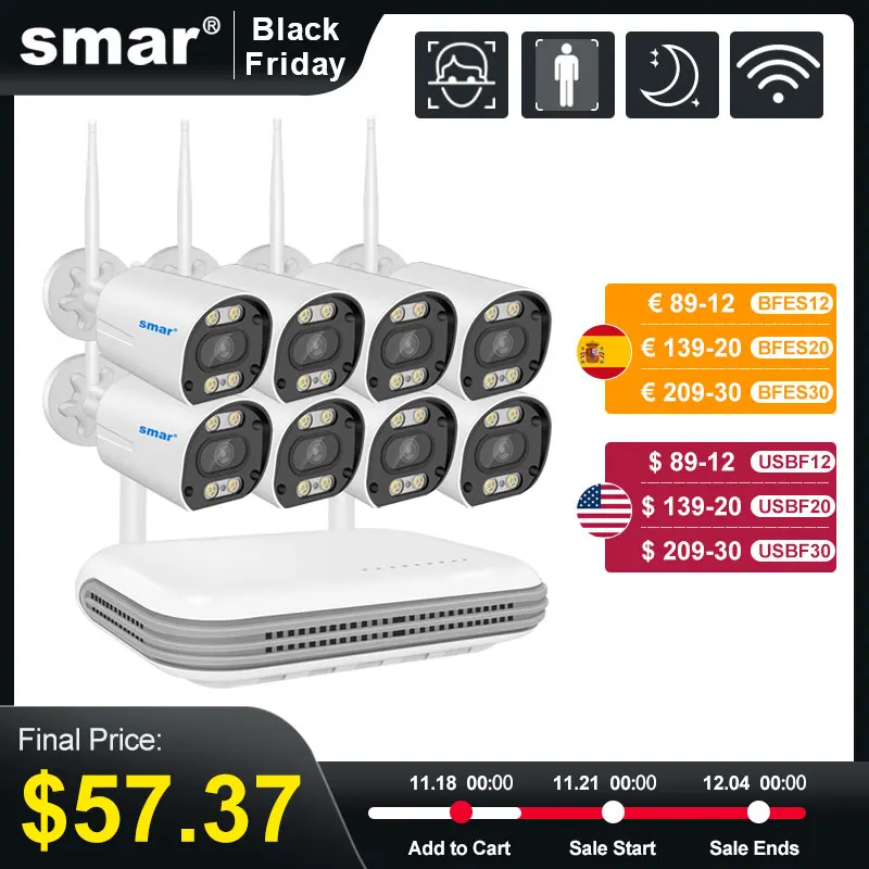 SMAR Wireless CCTV System Wifi Camera Kit H.265 3MP HD Security Audio AI Face Detect IP 8CH  NVR Video Surveillance Kit ICSee