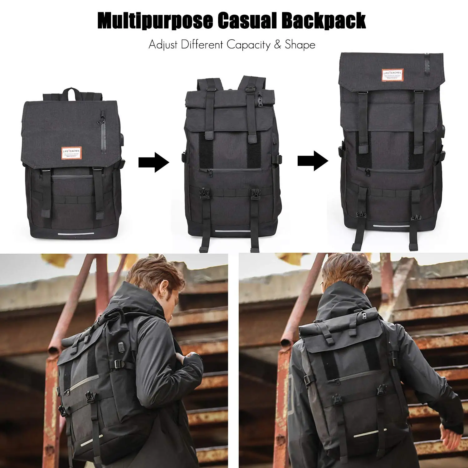 Backpack Expandable Anti-Theft Rucksack Teenager College School Bag Lightweight Knapsack Field Pack for Men Women Outdoor Travel