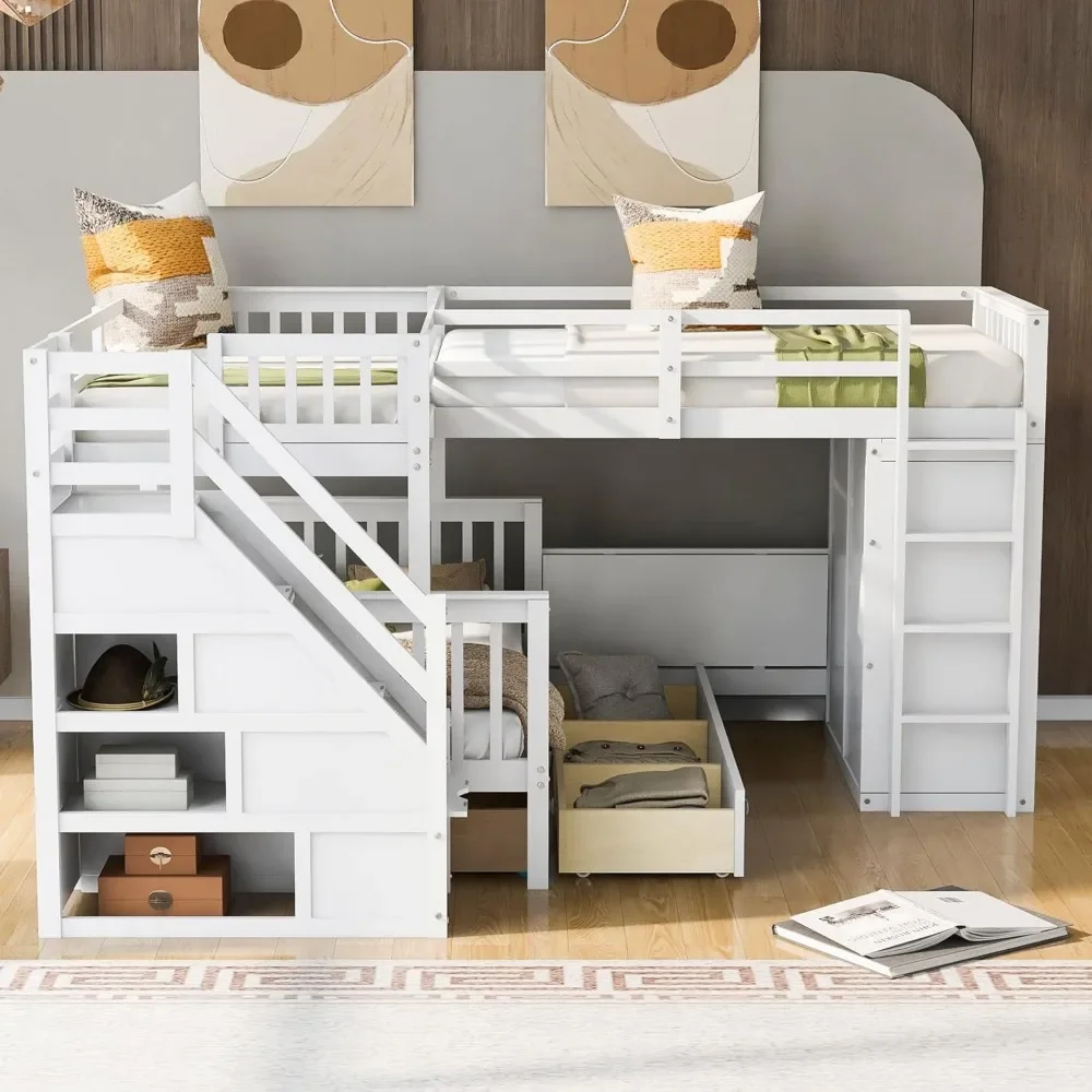 L-Shape Triple Bunk Beds with Stairs and Desk, Shelves and Drawers, 3 Beds Bunk Bed with Staircase, Twin Over Full Bunk Bed