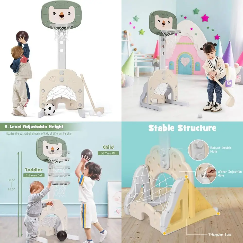 高さ調節可能な3-in-1幼児用バスケットボールフープ、サッカーとゴルフセット付き、子供用ポータブル屋内外スポーツセンター