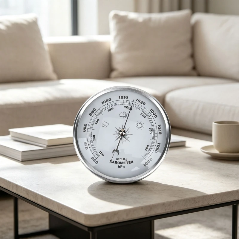 Round Air Pressure Meter with Metal-Look Frame, 130 mm Indoor Weather Reference Instrument for Home Office Wall or Desk Display