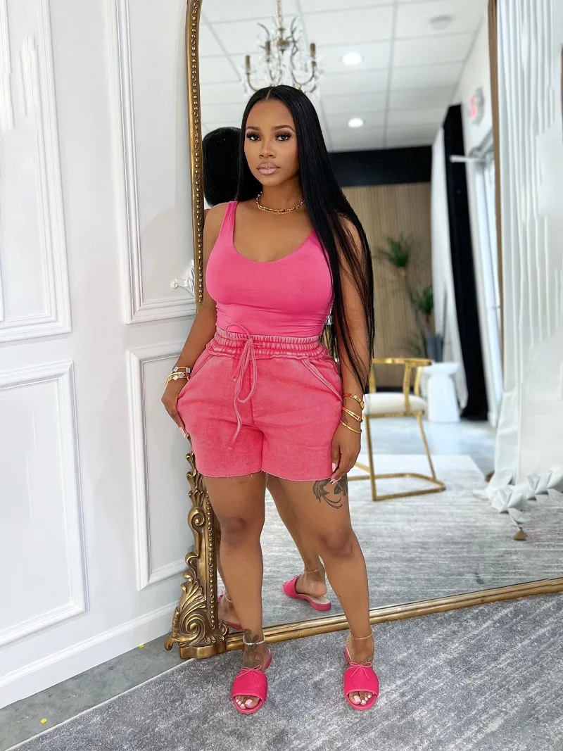 

Women Solid 2 Piece Set Summer Tracksuits Sleeveless Tank Tops + Cotton Washed Shorts Fashion Casual Streetwear Jogging Suits