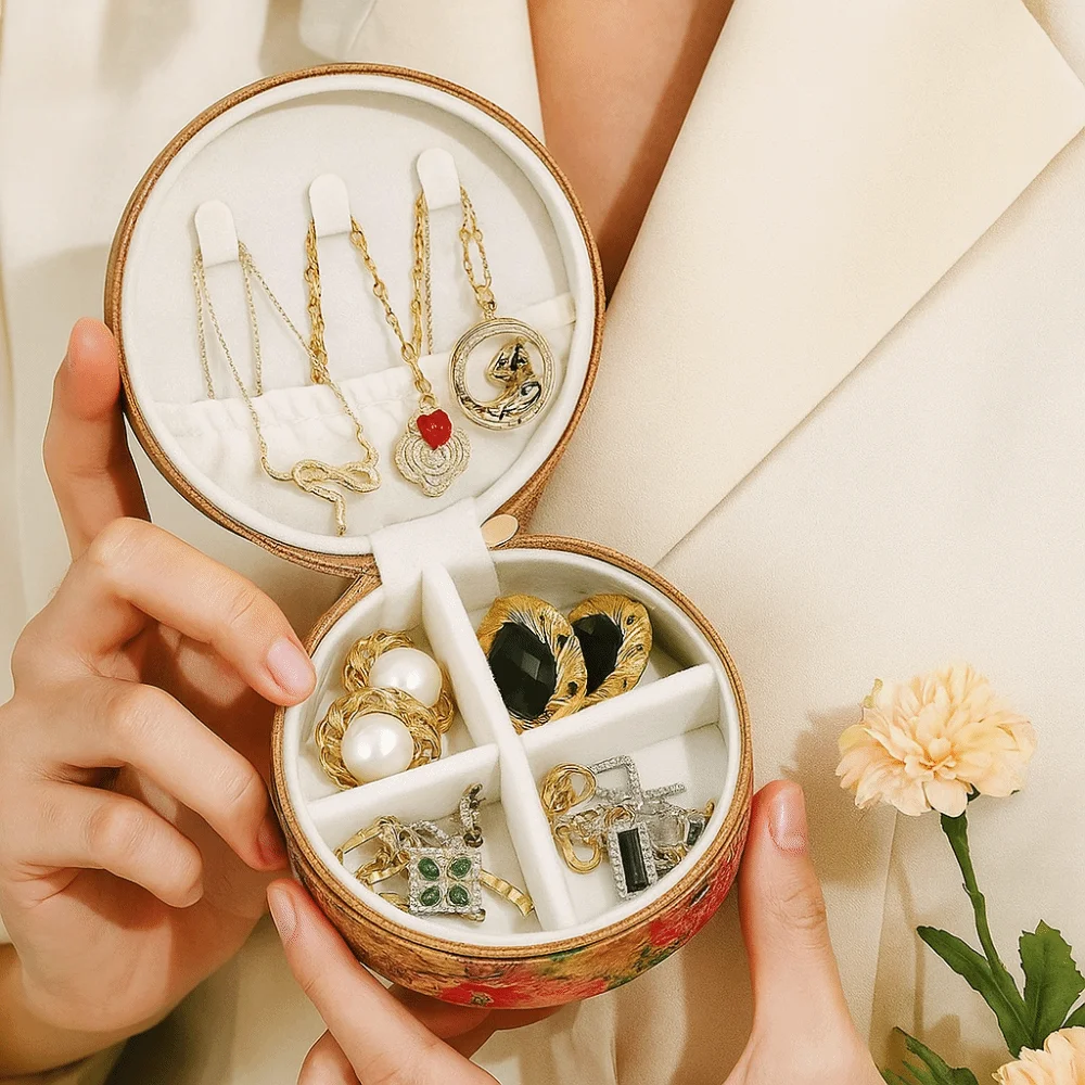 صندوق تخزين مجوهرات عتيق خفيف الوزن بوهيميا بسحاب وقلادة وخاتم منظم قرط دائري محمول في الهواء الطلق #1