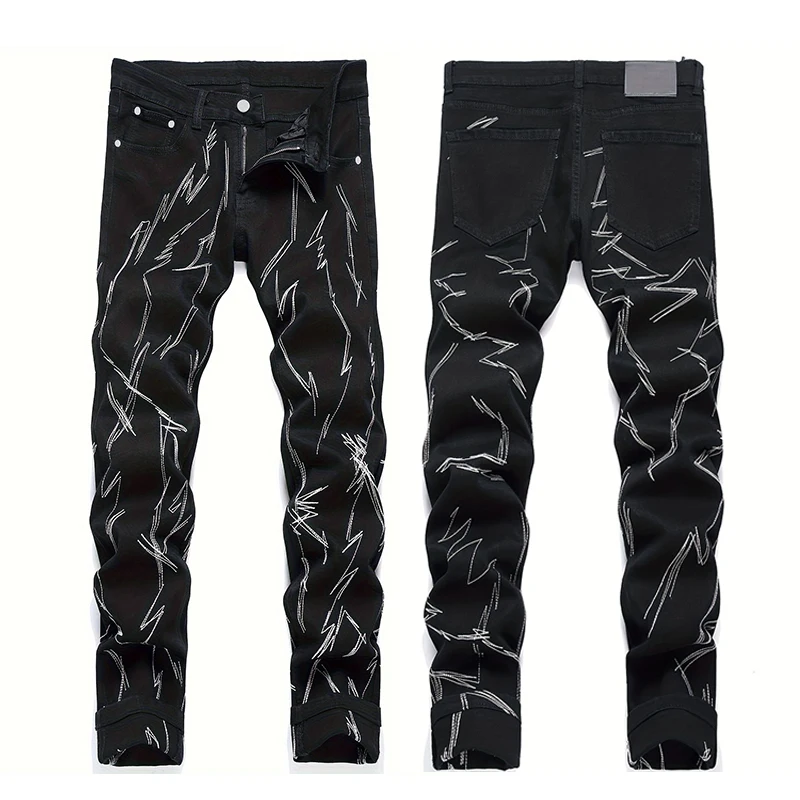 

Модные джинсы с персонализированной вышивкой, мужская уличная одежда, черные уличные мотоциклетные повседневные джинсовые брюки, облегающие эластичные брюки