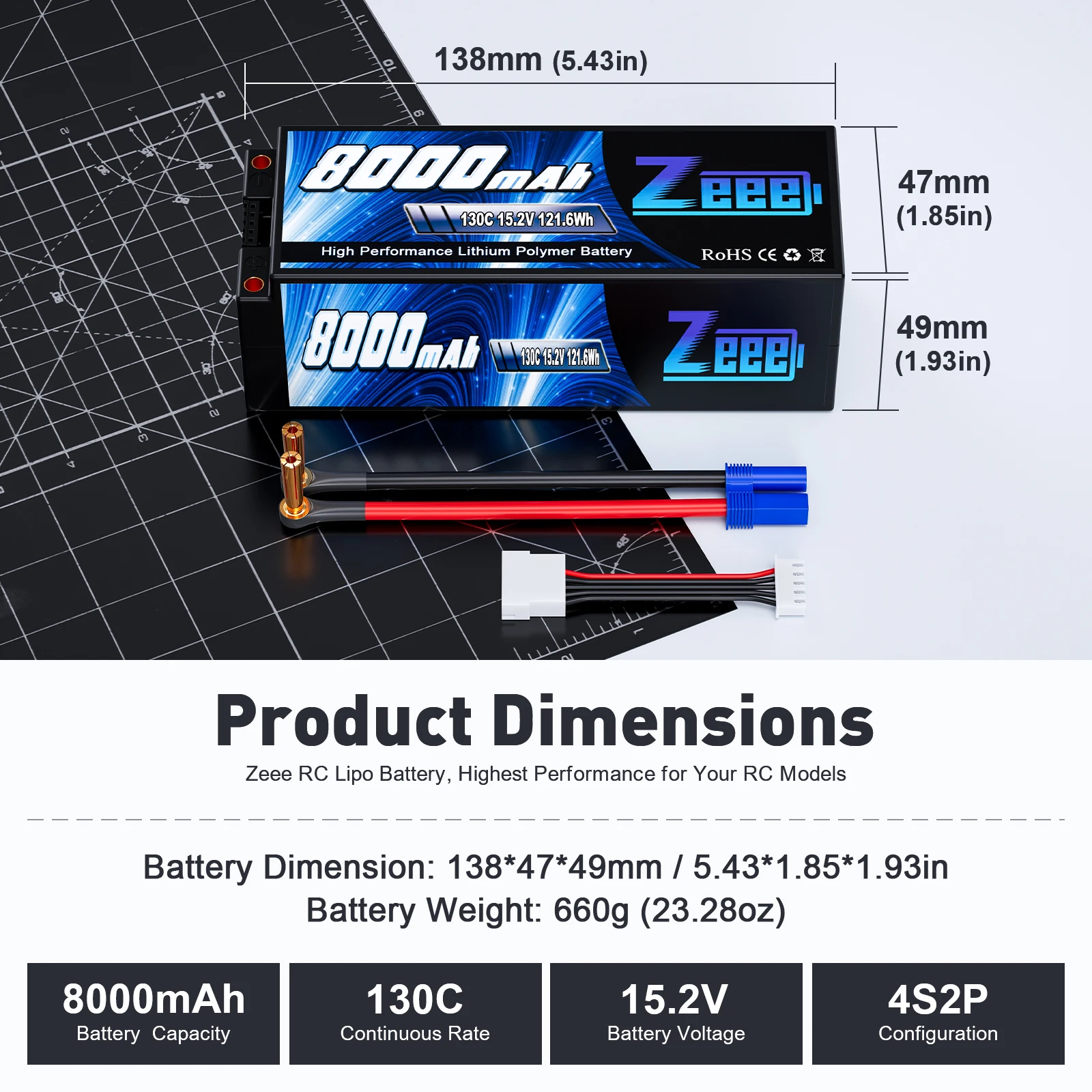 1/2pcs Zeee 4S Lipo Battery 6/8000mAh 15.2V HV Lipo 130C with 5mm Bullet to EC5 Plug for RC Car Buggy FPV Drones RC Model Parts