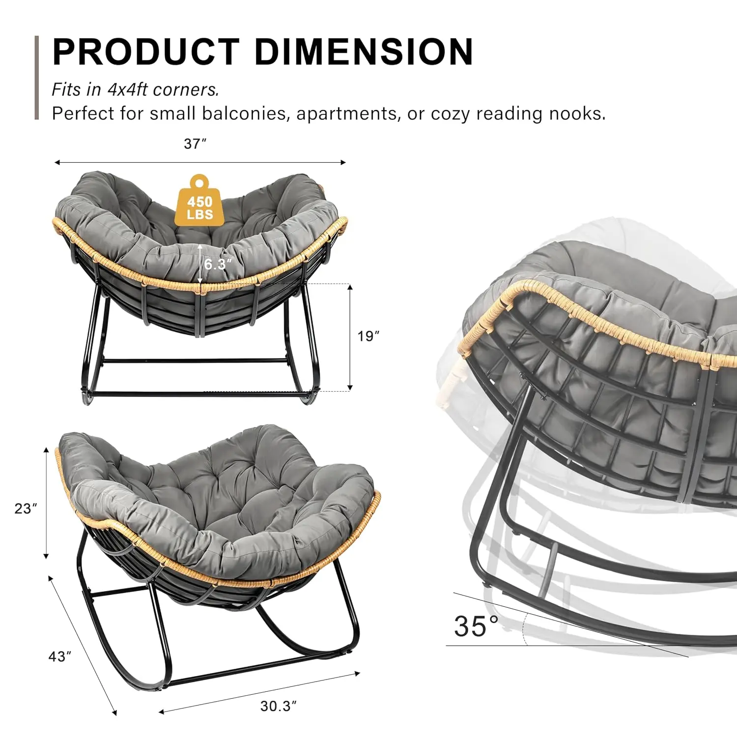 Egg-Shaped Outdoor Rocking Chair, Patio Rocking Chair with Thick Cushion, Modern Indoor Papasan Rocking Chair, Lounge Rocker