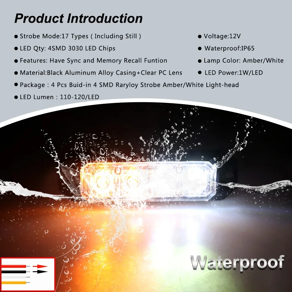 4Led Strobe Warning Light 1PCS LED Grille Flashing Emergency Lamp For Off-road Truck Motorcycle Cars Beacon Traffic Light 12-24v