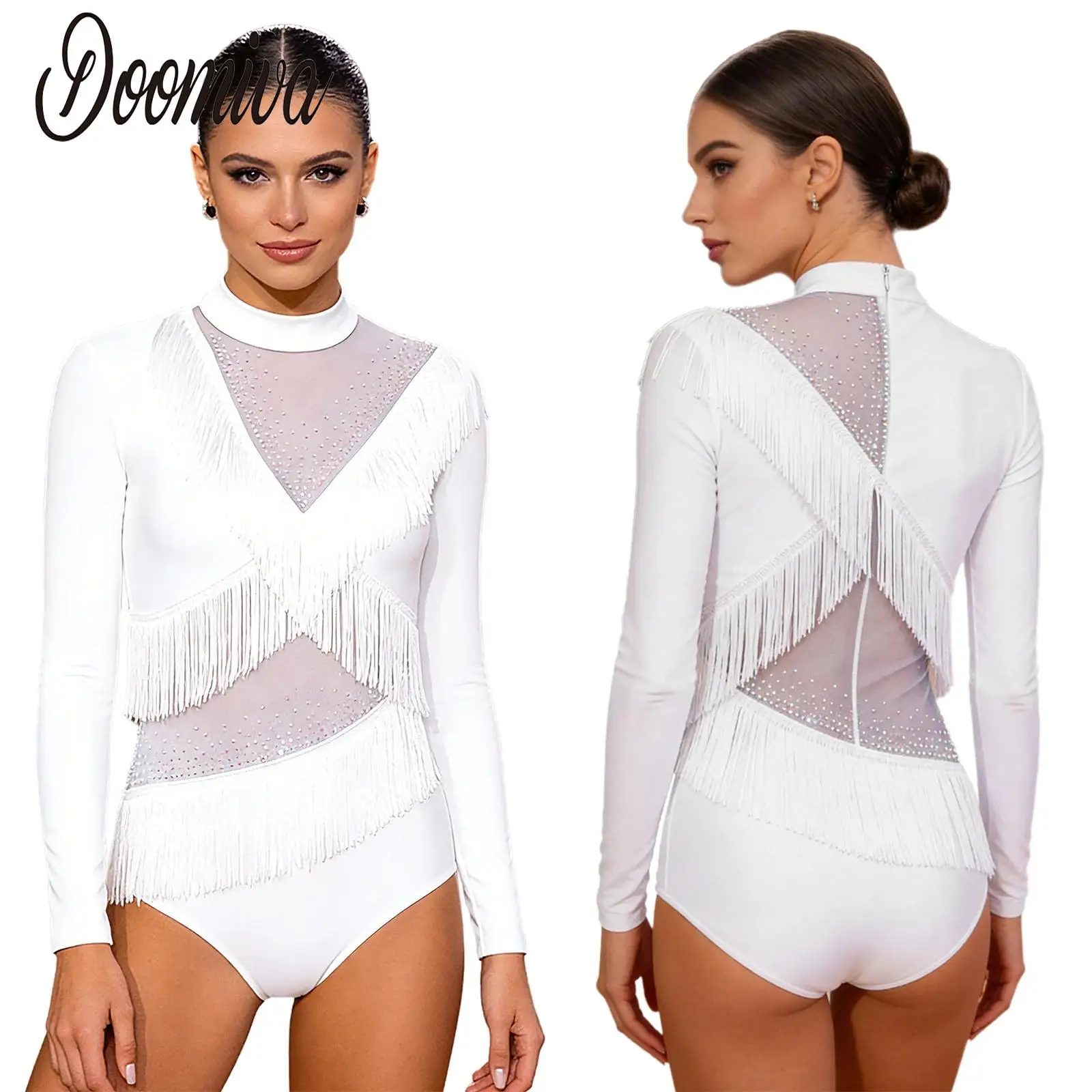 

Women Tassel Latin Tango Ballet Dance Leotards Bodysuit for Performance Costumes Long Sleeve Sheer Mesh Rhinestones Jumpsuits