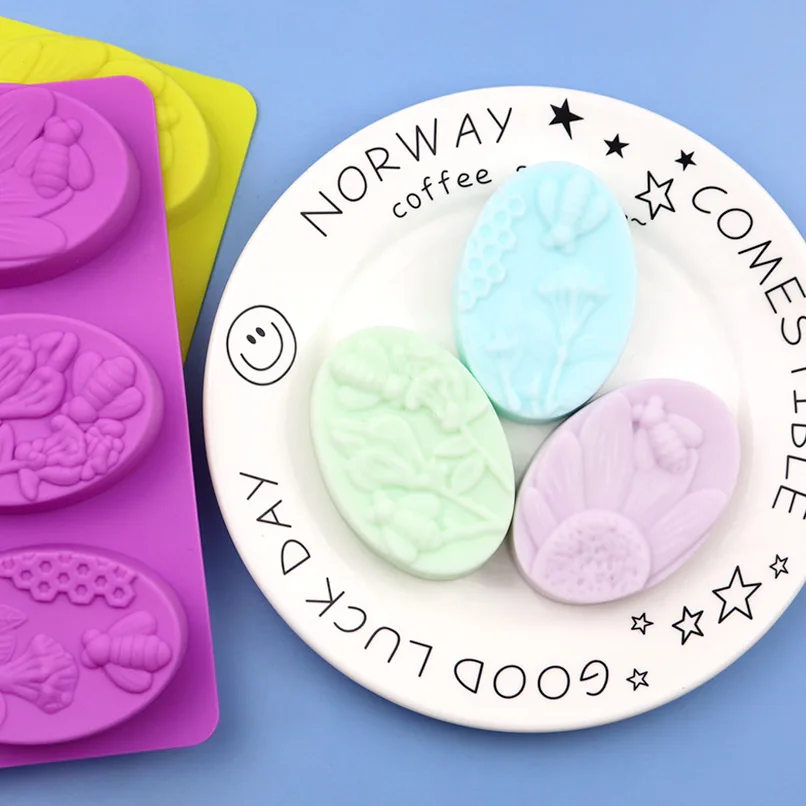 Wholesale 6 Oval Bees, Silicone Chocolate Mold, Handmade Aromatherapy Plaster Mould, Soap Molds 379