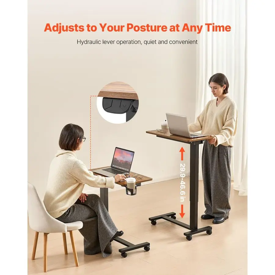 Electric Overbed Table, Height Adjustable Hospital Bed Table, Over The Bed Table with Wheels, Mobile Laptop Desk with Cup Holder