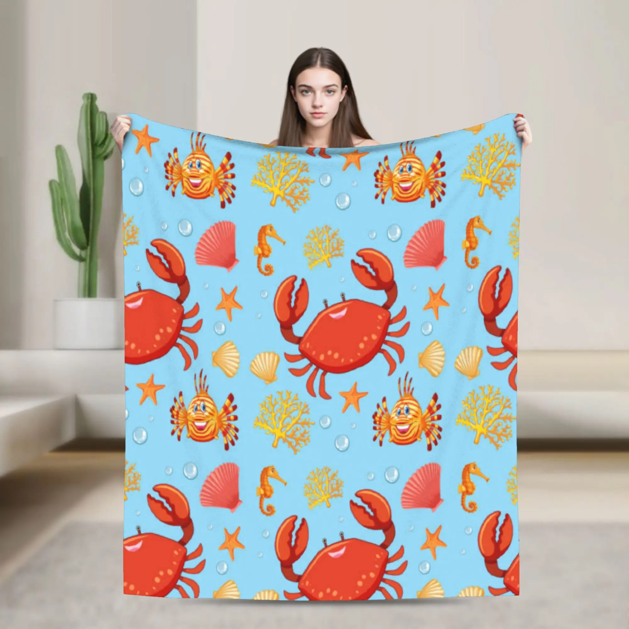 Colorful sea creatures and shells Soft Warm Blanket  Students Plush Throw Blanket Fluffy Flannel Bedspread Sofa Bed Cover