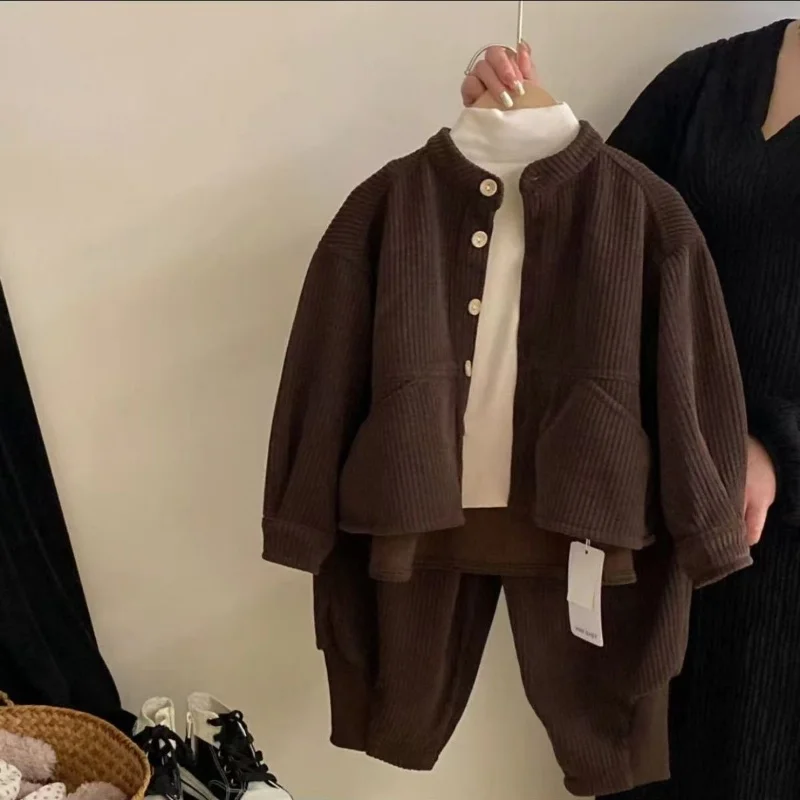 

Boys Girls Korean Corduroy Stand Up Collar Single Breasted Top+ Pants Spring Autumn Set Children's Casual Two-piece Set Clothing