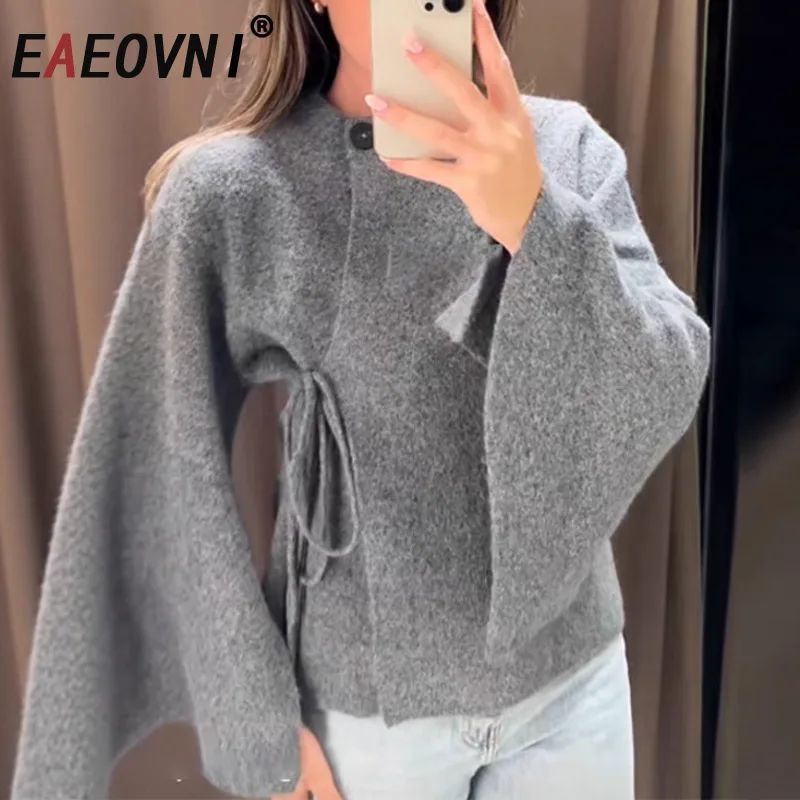 

EAEOVNI Autumn Winter Knitted Cardigan Coat Women Gray Fashion Button Lace-up Gathered Waist Flare Sleeve Jacket New Clothing