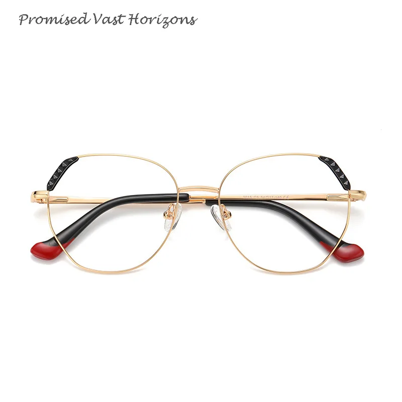 Occhiali da donna alla moda con blocchi di colore in metallo, superficie decorativa in plastica, stile europeo americano, lenti Plano, occhiali con blocco della luce blu