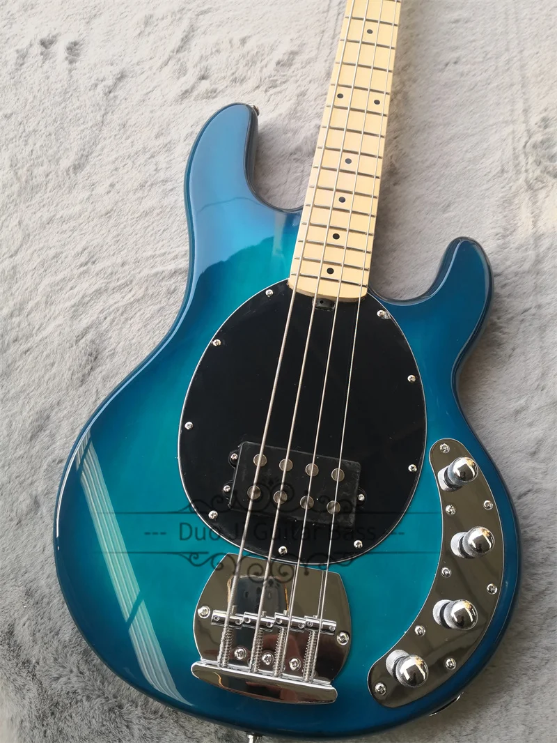 4 Strings Blue Bass Guitar Basswood Wood Body  Maple Neck Fixed Bridge Black Pickguard Active Battery