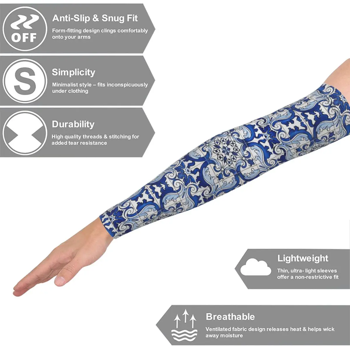 العتيقة الكلاسيكية لشبونة الأزرق Azulejo بلاط الأزهار في الهواء الطلق أكمام أذرع تبريد الشمس الأشعة فوق البنفسجية غطاء للحماية الصيف الدراجات أكمام الوشم